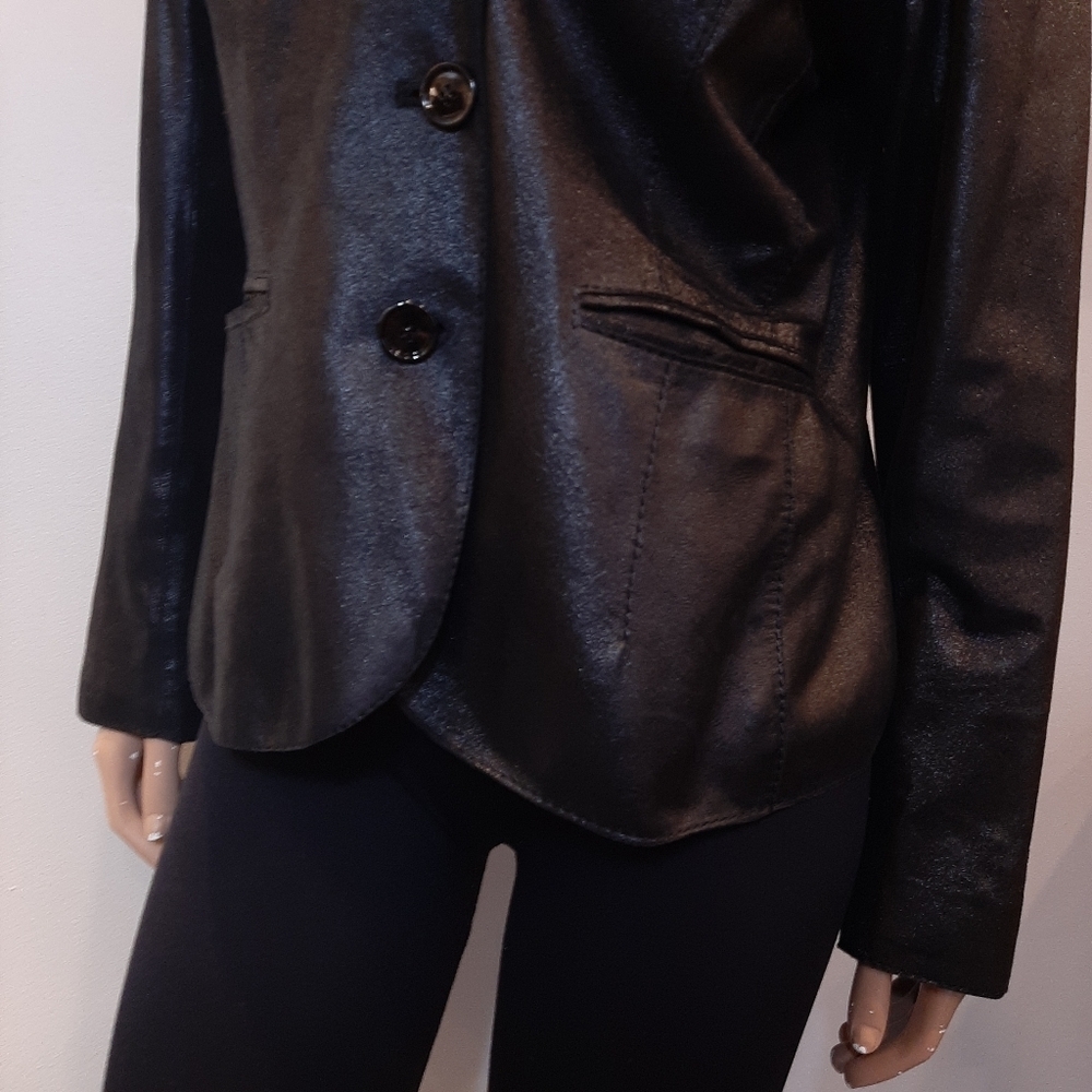 Anne Klein Coated Geniune Leather Jacket Moto Style Single Breasted Black Medium - Picture 8 of 15